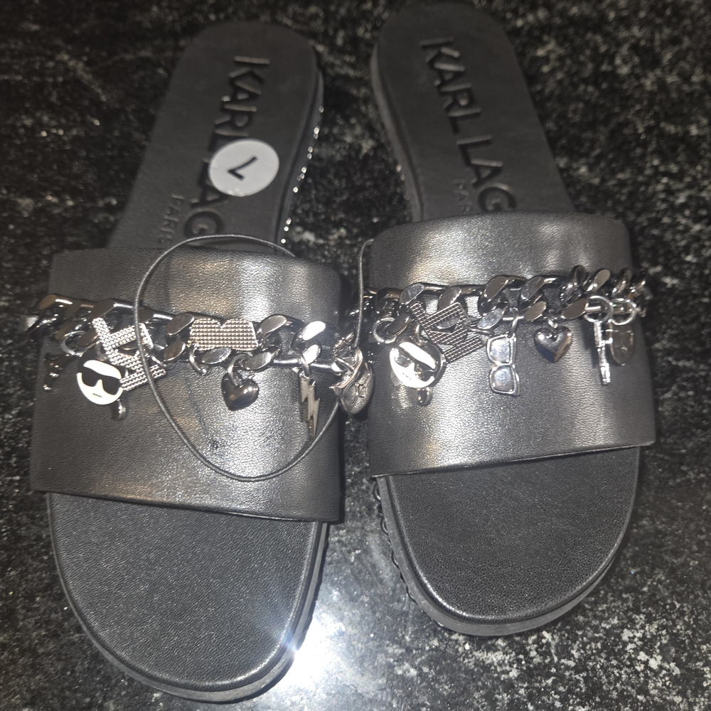 Karl Lagerfeld Black Slide Sandals with Charms